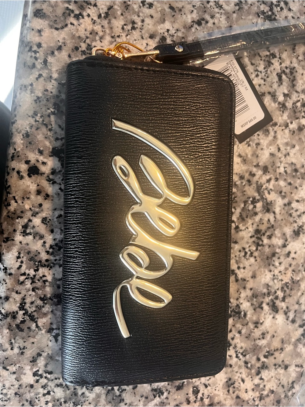 Bebe Black Zip Wallet with Gold Script Emblem & Bag Charm